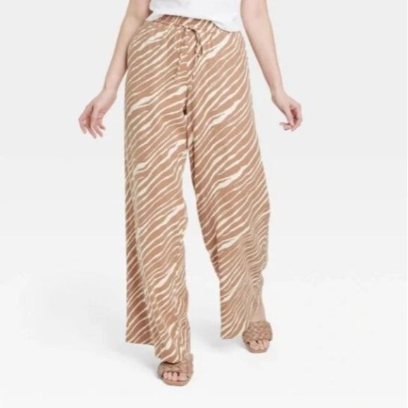 A New Day Pants - A New Day Brown Zebra Print Linen Blend Wide Leg Lounge Pant 3X New